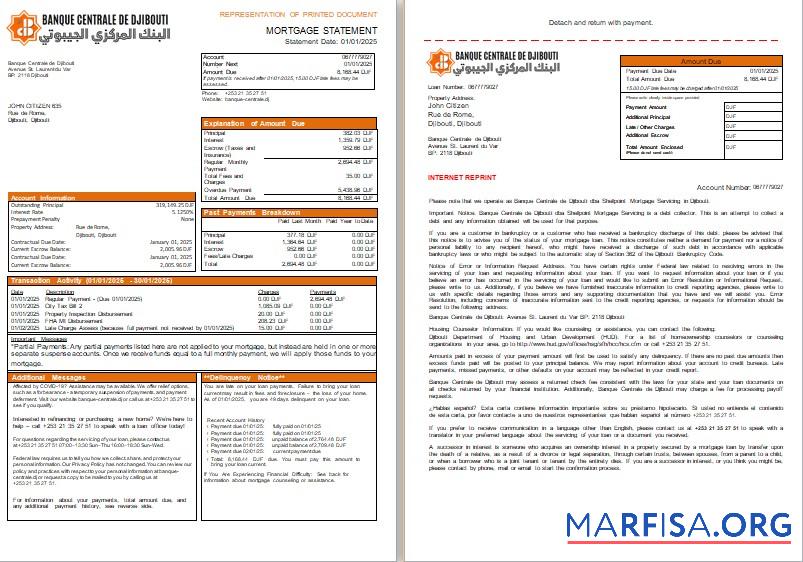 Realistic Djibouti Central Bank of Djibouti bank mortgage statement, 3 pages, 1 2 scr download for verification